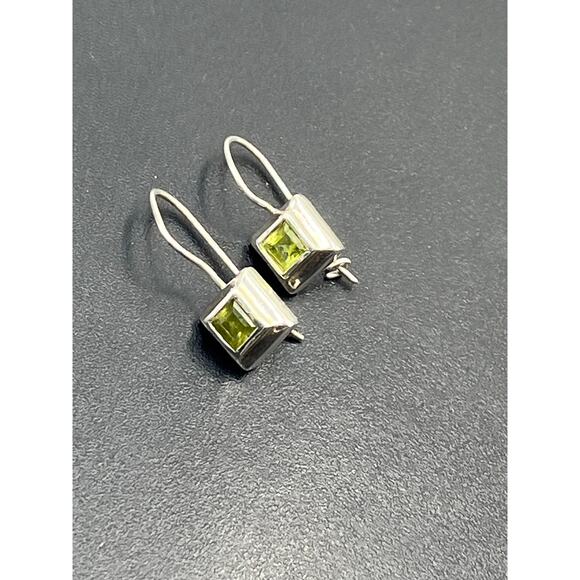 Sterling Silver Designer Square Bezel Set Peridot Dangle Drop Wire Earring - Picture 4 of 10
